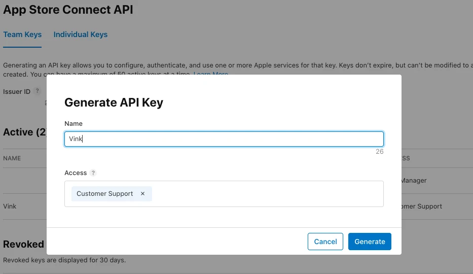 App Store Connect's Generate API Key dialog with Name set to Vink and Access set to Customer Support